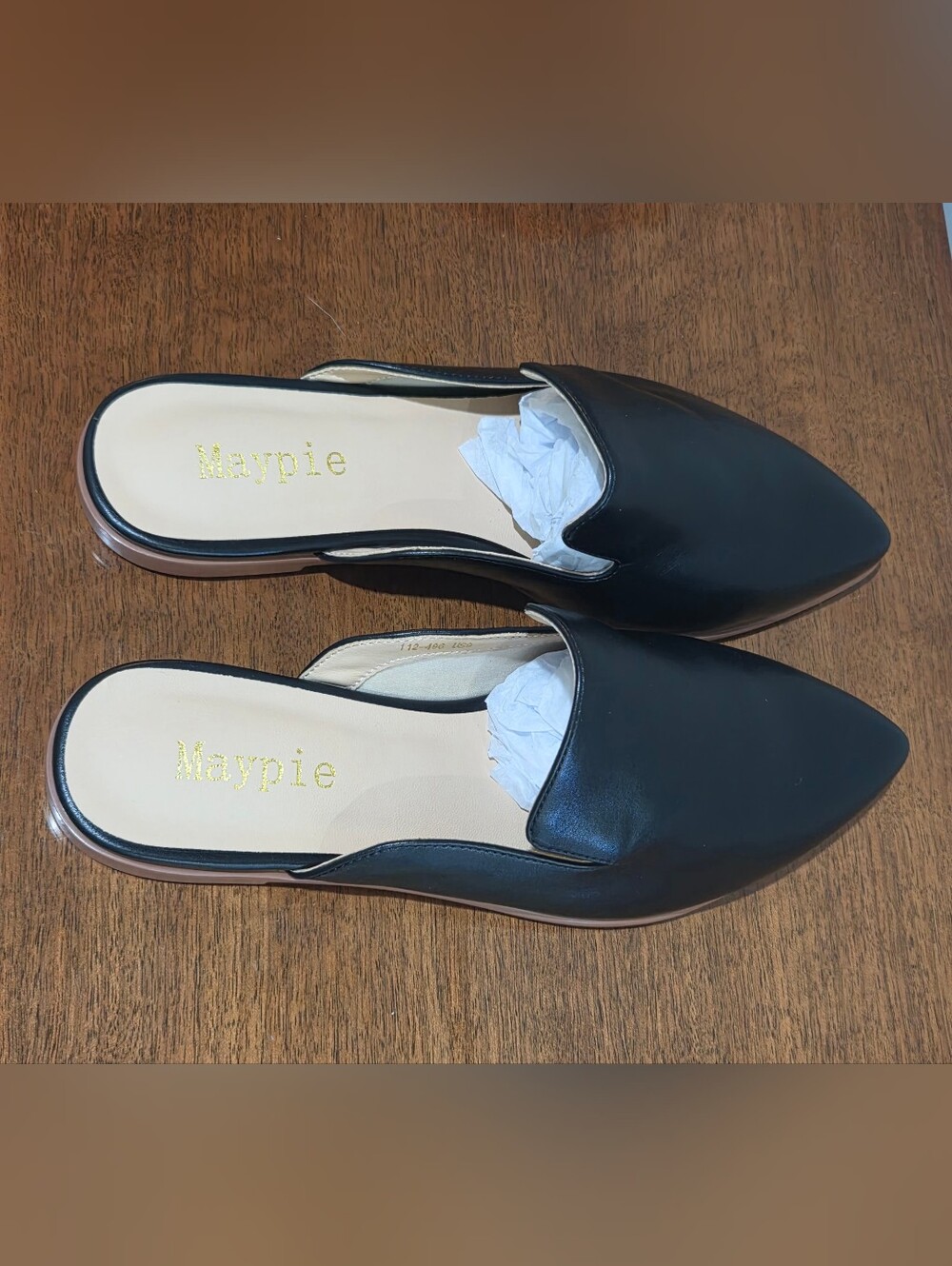 New Maypie Women's Black Pointed Toe Slip-On Mules. Super Soft, Size 9 US